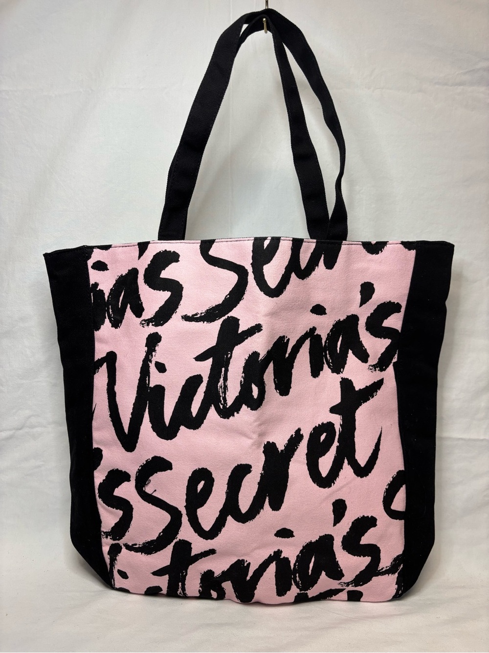 Victoria's Secret Pink & Black Graphic Cursive Text Canvas Tote Bag #6125